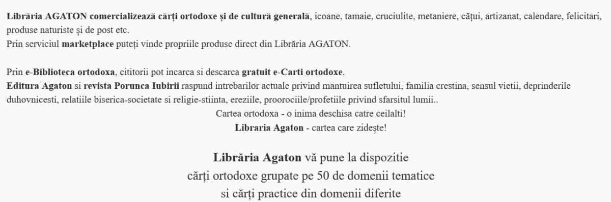 Editura si Libraria Agaton carti ortodoxe, icoane, produse naturiste; remedii pentru trup si suflet